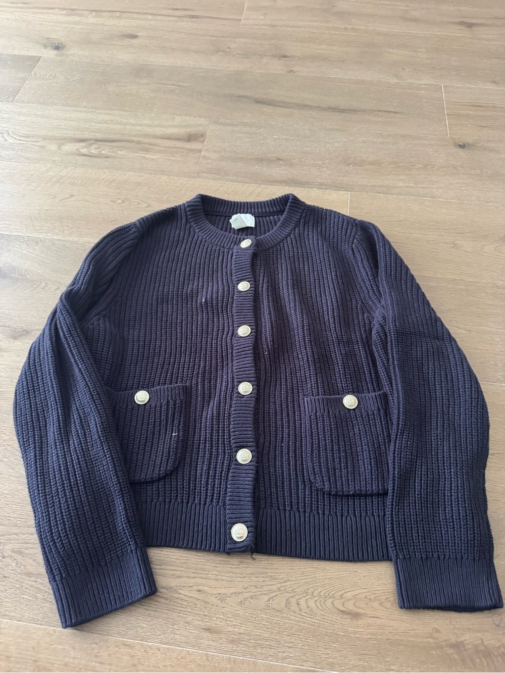 H&M Navy Ribbed Button-Front Cardigan with Front Pockets
